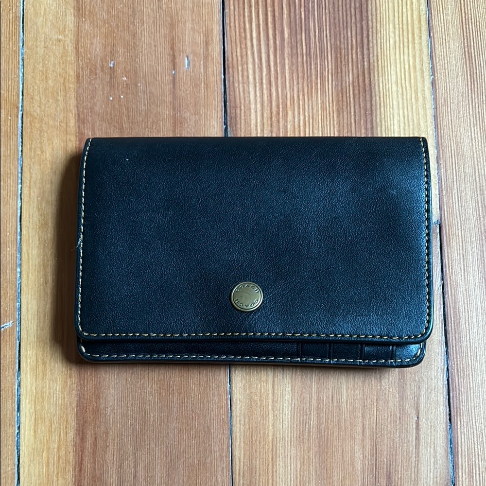 Black Leather Wallet with Gold Button